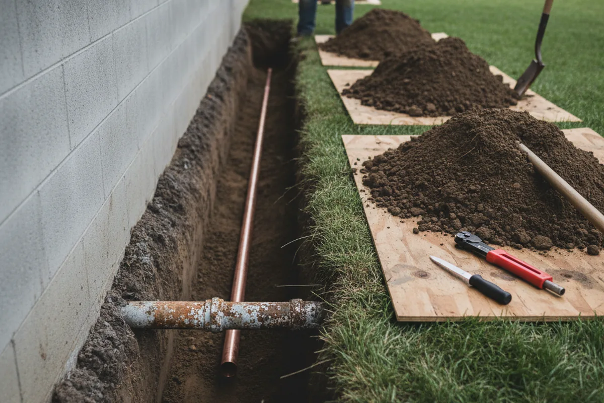 Excavated water line trench during Water Softener Installation in Moro